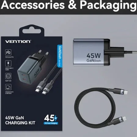Vention Cargador de Pared GaN TZ-FCDH0-EU 2xUSB-C + Cable USB-C 45W Gris Antracita